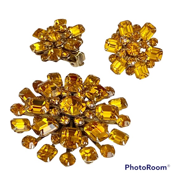 🌹WEISS Citrine or Topaz Colored Rhinestone Starburst Earrings & Brooch Set - Picture 11 of 12